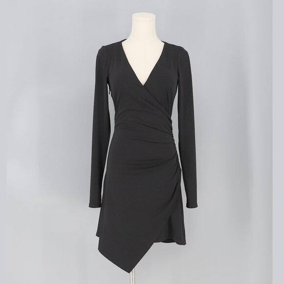 Cinq à Sept Coralie Mini Dress in Black Fitted Wrap Cinched Asymmetric V-neck Si - Picture 3 of 9